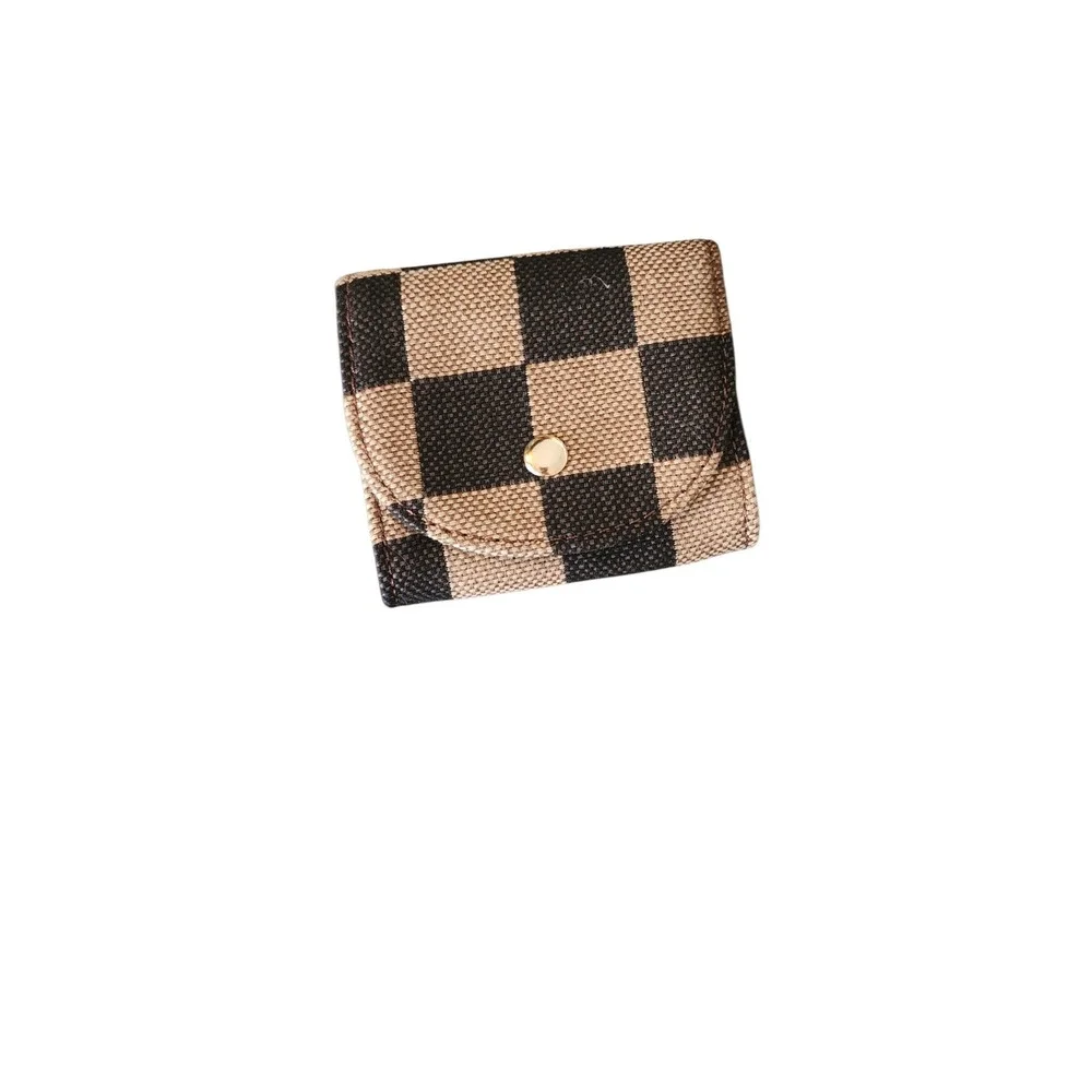 Checkerboard Crossbody Bag and Coin Purse Set Tan Black Canvas Gold Hardware